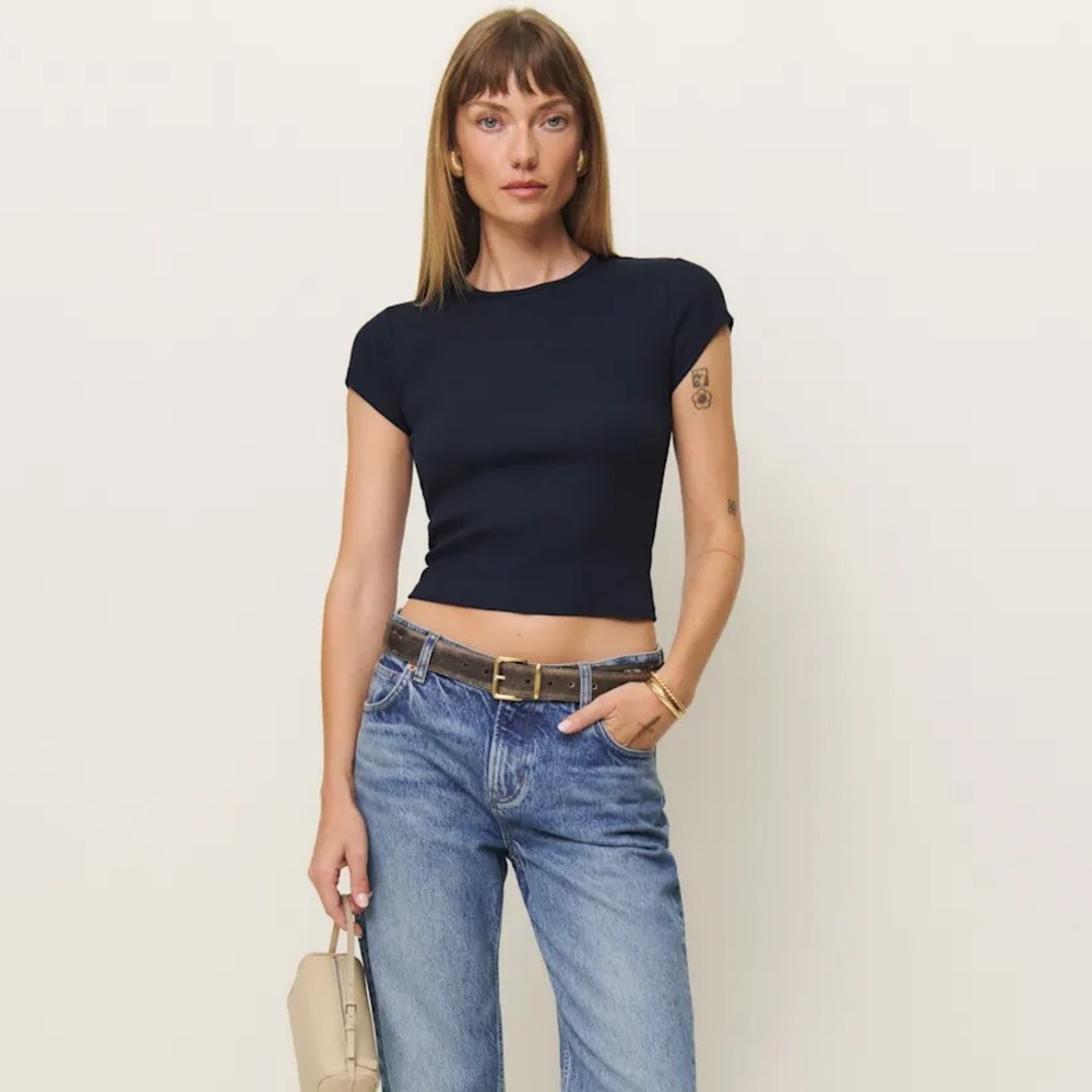 Reformation Black Cropped Ribbed Baby Tee
